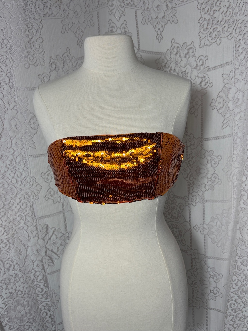 Fashion Nova Orange Sequin Strapless Bandeau Crop Top